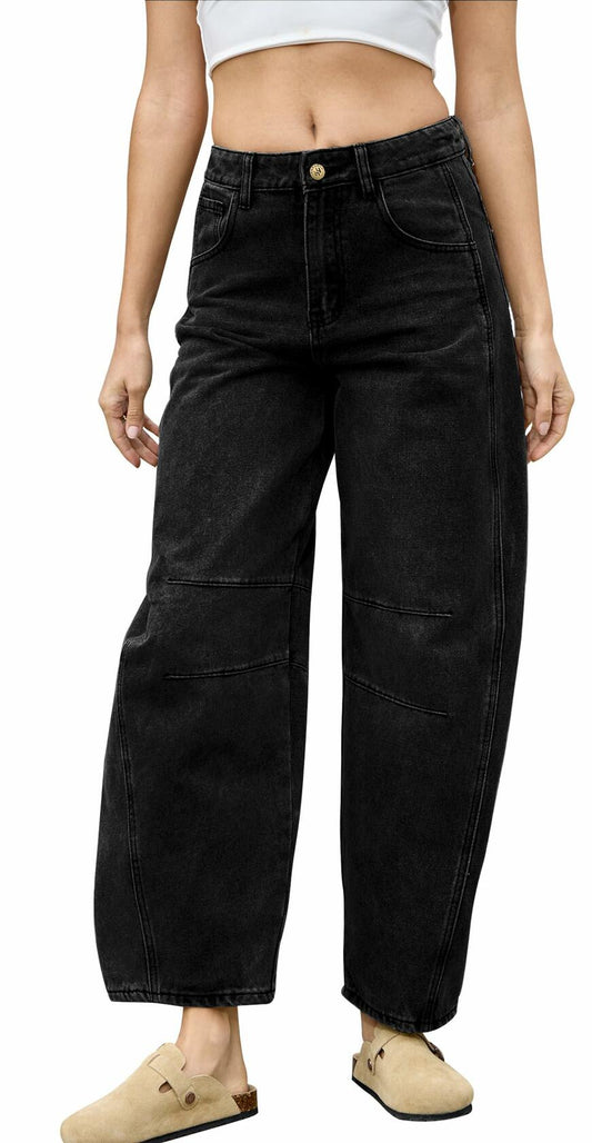HUNGSON Women's Barrel Wide Leg Mid Rise Baggy Jeans Denim Ankle Pants Size 2