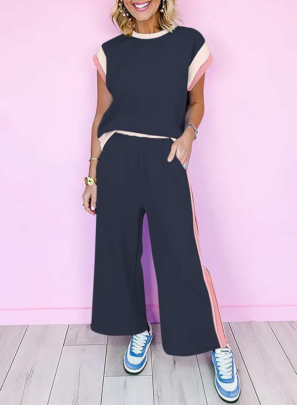 SHEWIN 2PC Women's Lounge Set Short Sleeve Top Wide Leg Pants Navy Blue Size S