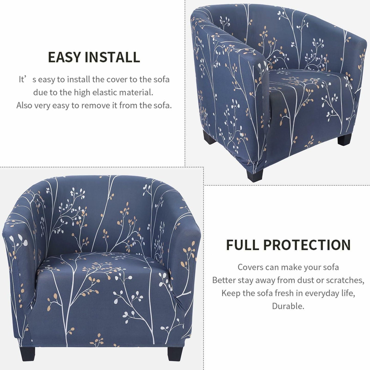 SearchI Club Chair Slipcover Stretch Spandex Armchair Cover Grey Blue+Leaves