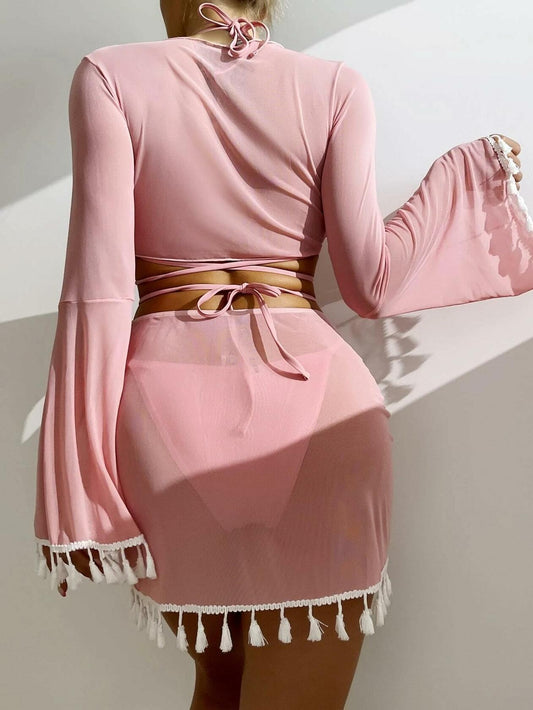 SKAYS 4 Piece Bikini Set Women Halter Top High Waisted Pink Size M