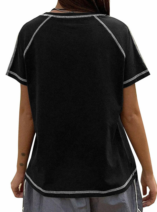 Remidoo Women's Raglan Crewneck Color Block T-Shirt Black Size XL