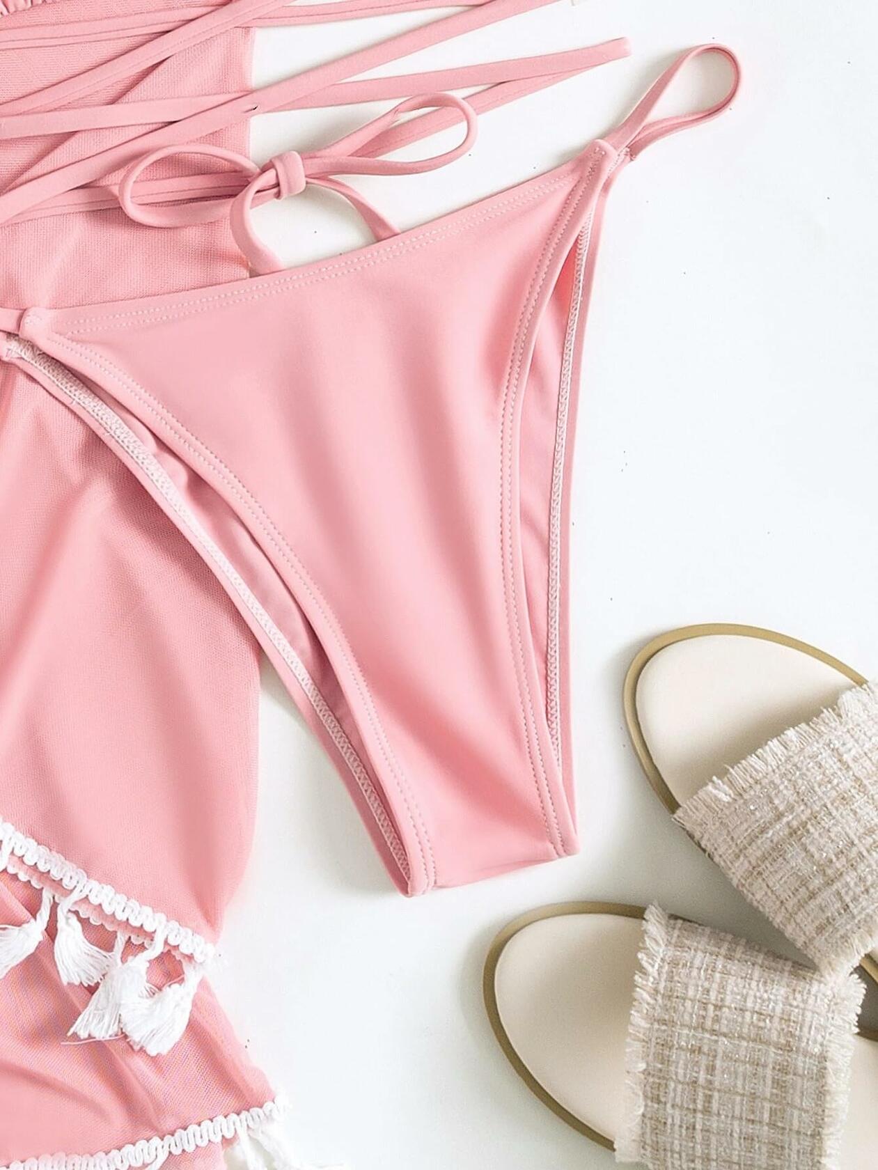 SKAYS 4 Piece Bikini Set Women Halter Top High Waisted Pink Size M