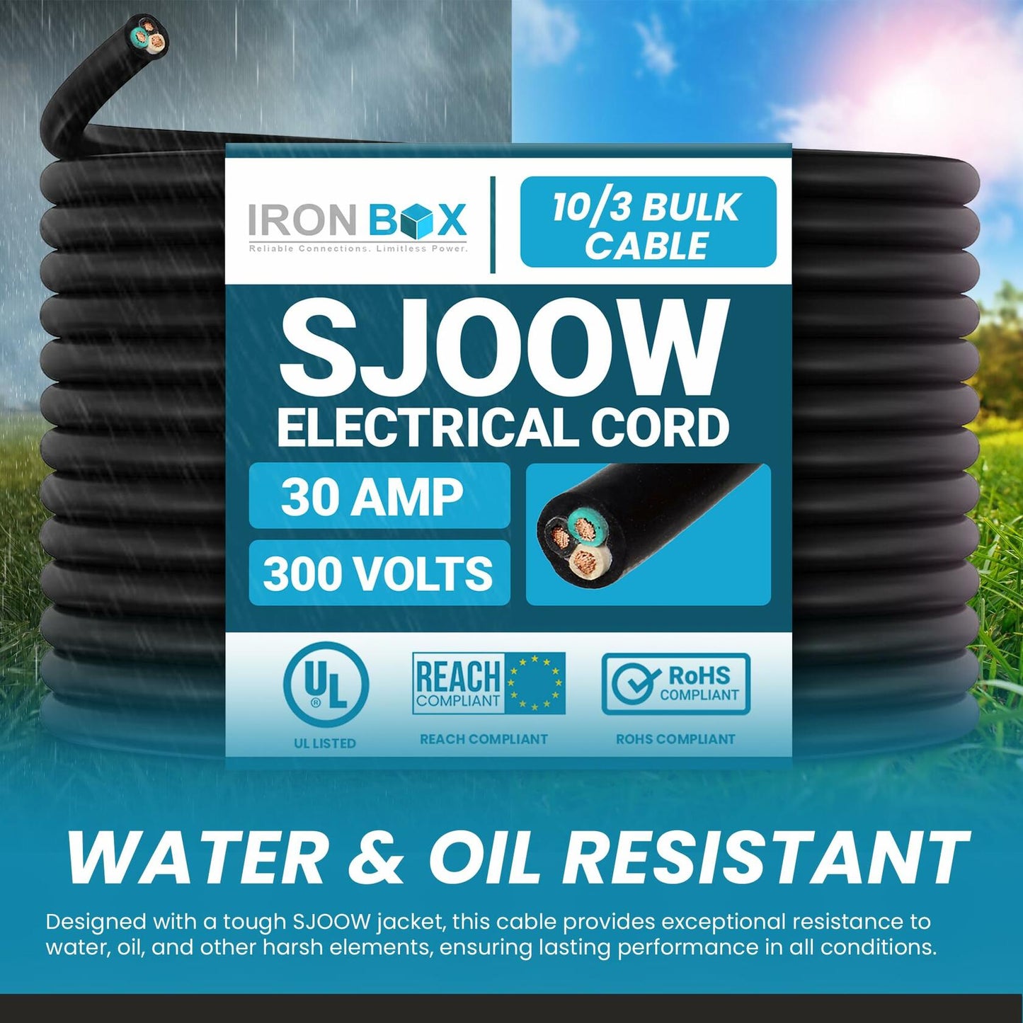 10/3 Bulk Cable 50ft SJOOW Jacket 30A 3 Wire 300V Water Oil Resistant