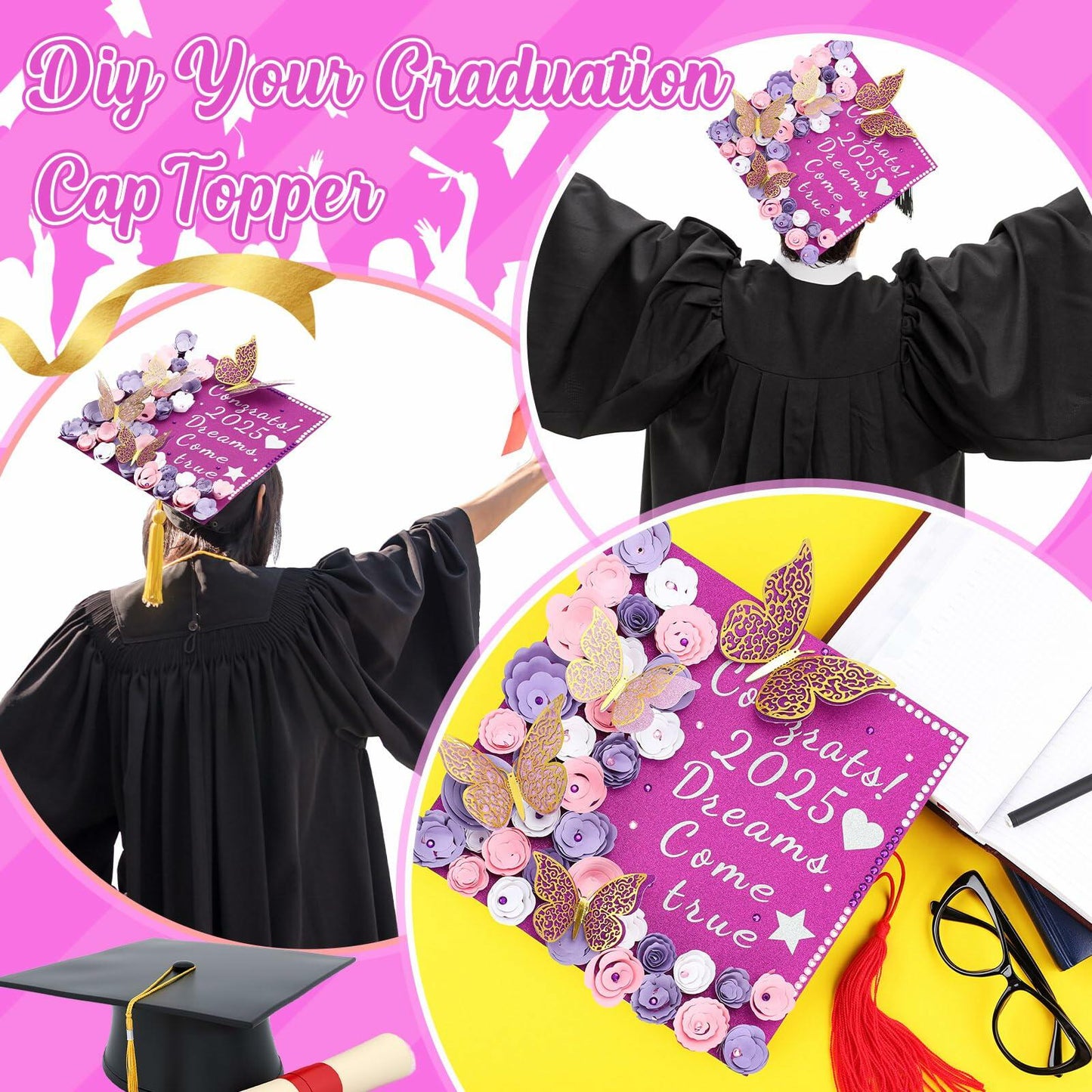 Knitgrip Graduation Cap Decoration Kit 98 Pc Purple Faux Flowers Butterfly