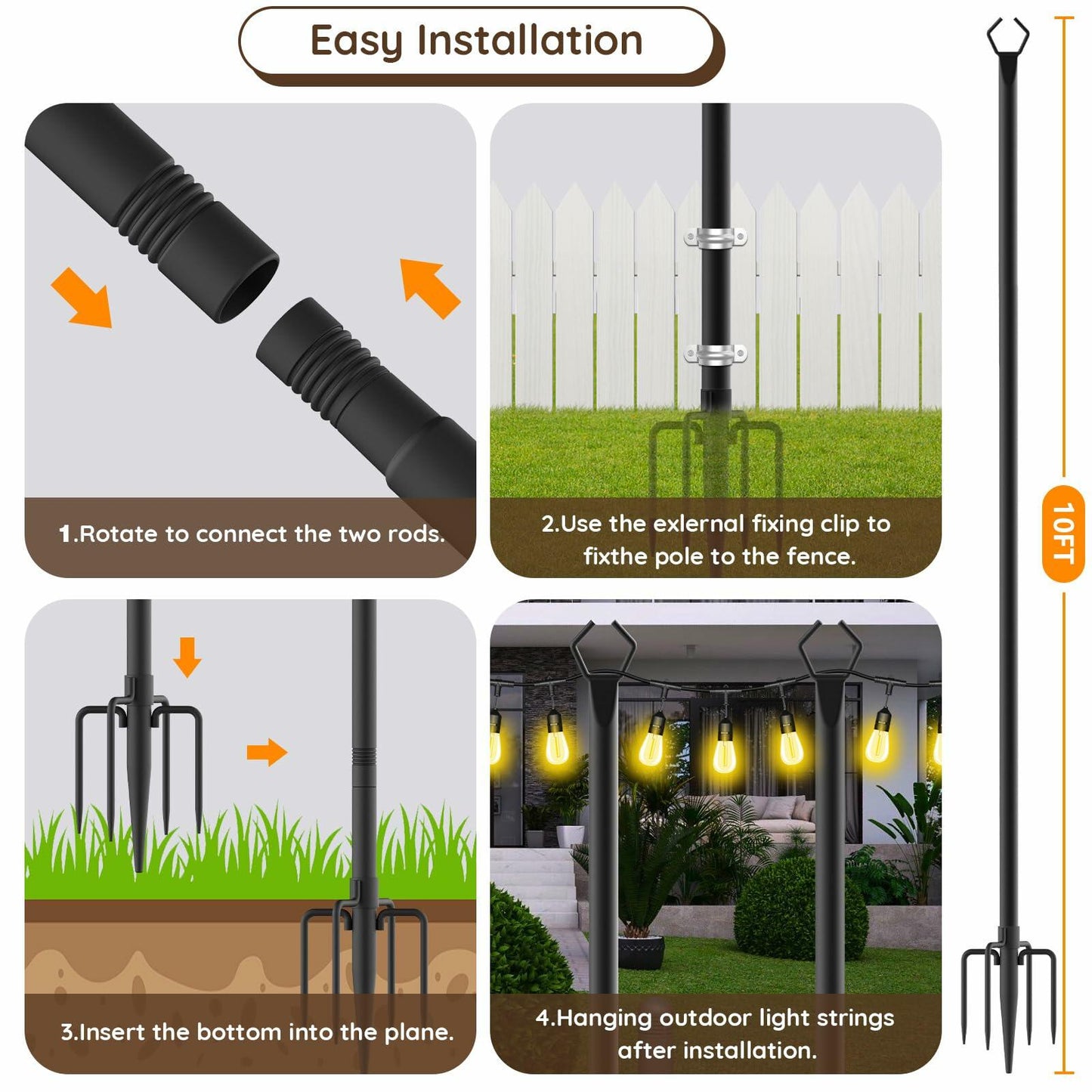 10Ft String Light Poles 4 Pack Outdoor Metal Stand with Fence Brackets
