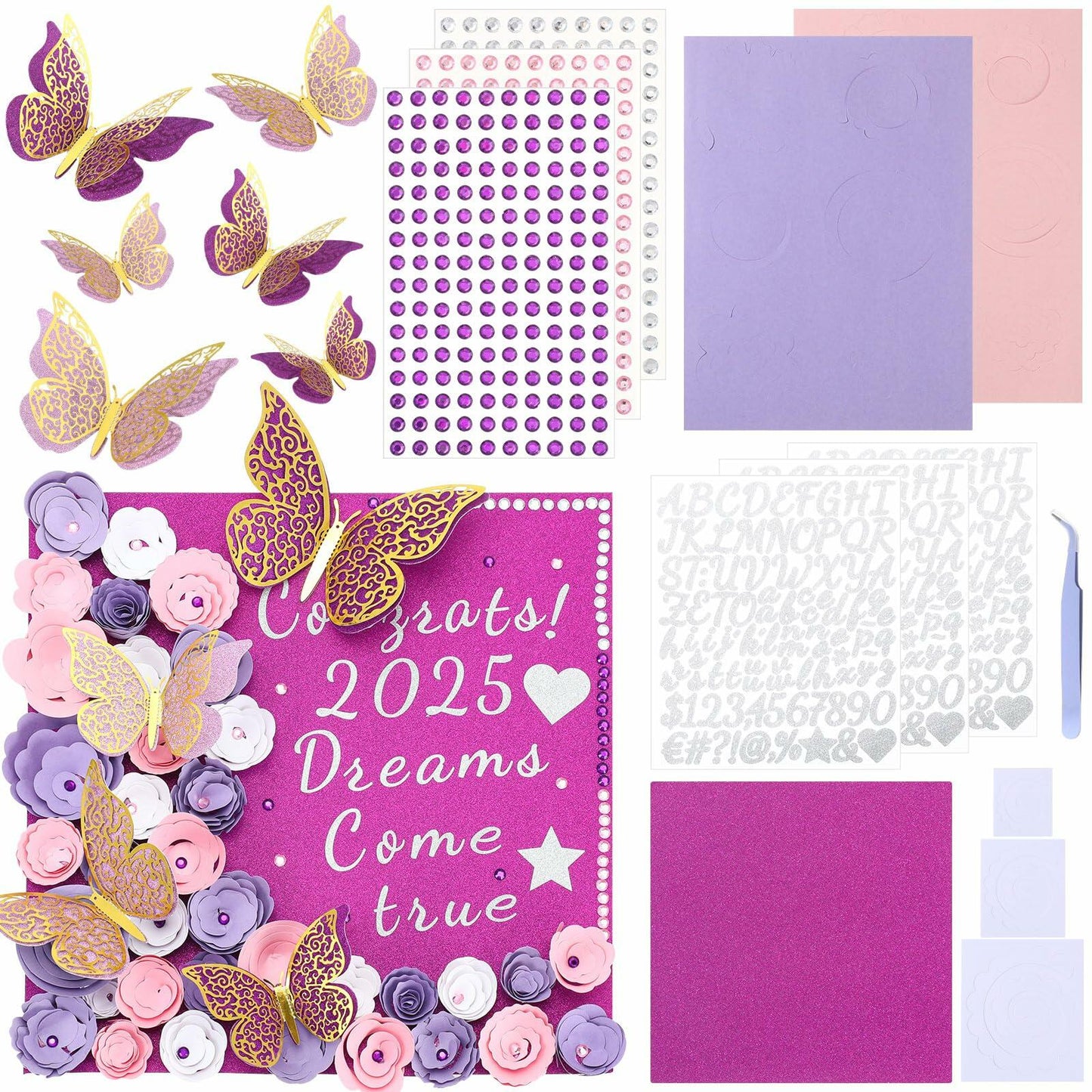 Knitgrip Graduation Cap Decoration Kit 98 Pc Purple Faux Flowers Butterfly