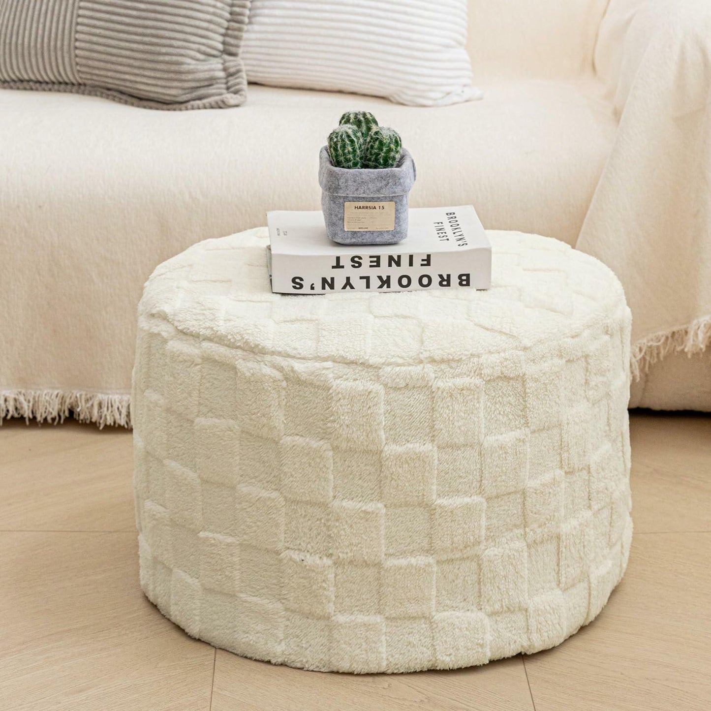 Round Pouf Ottoman Boho Floor Pouffe Foot Rest 20x20x14 Inches Ivory Checkered