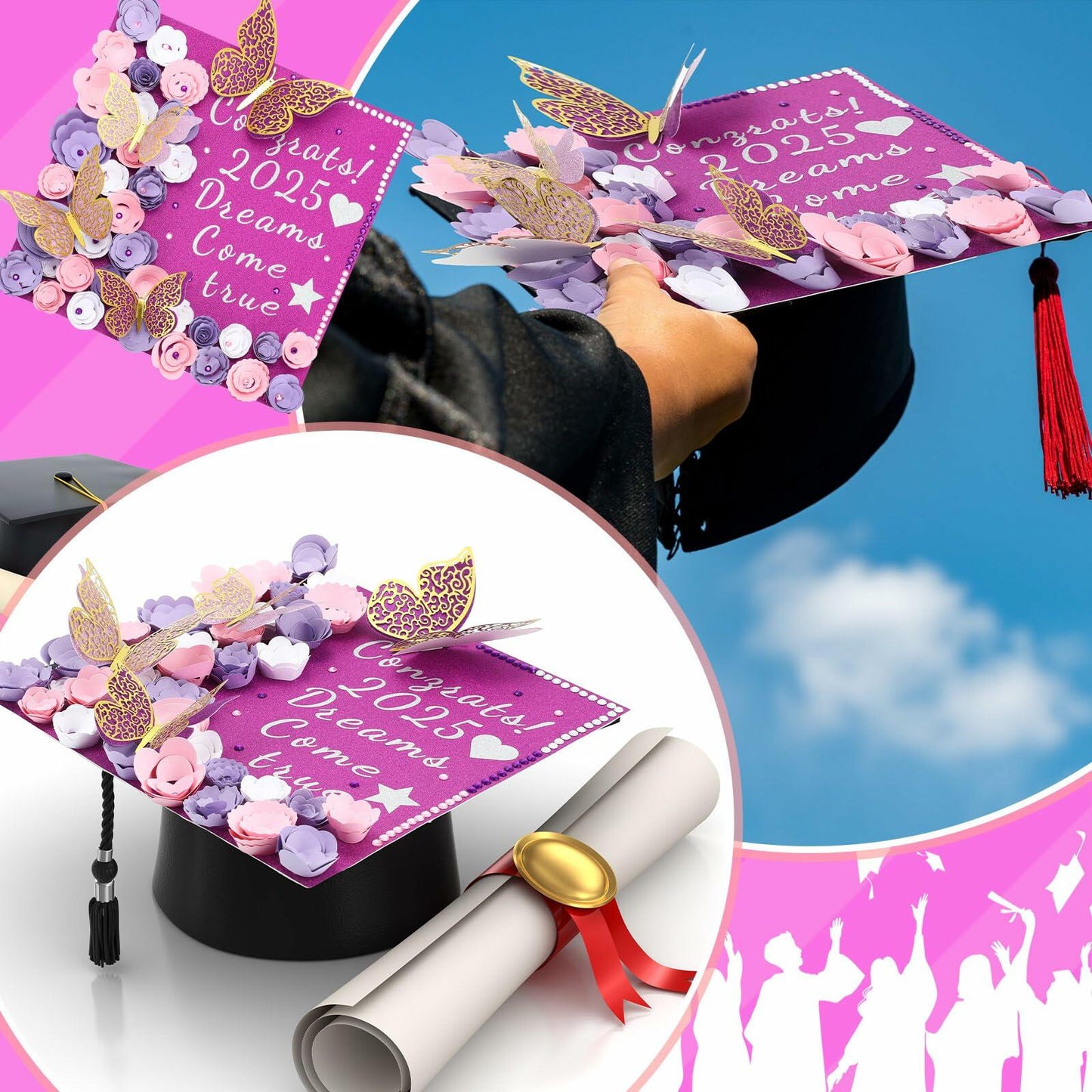 Knitgrip Graduation Cap Decoration Kit 98 Pc Purple Faux Flowers Butterfly