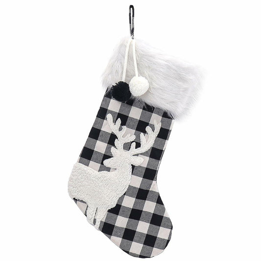 USILAND Christmas Stocking 20in Buffalo Check Pom Pom Faux Fur Black White