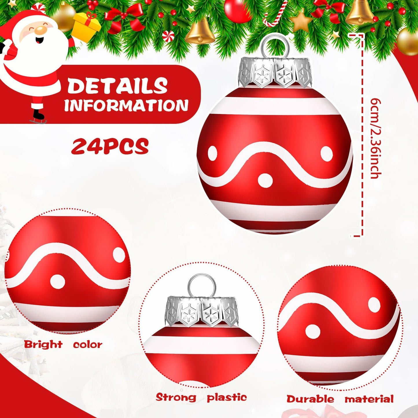 Chuangdi Christmas Ball Ornaments Striped Polka Dots 2.36'' 24 Pcs