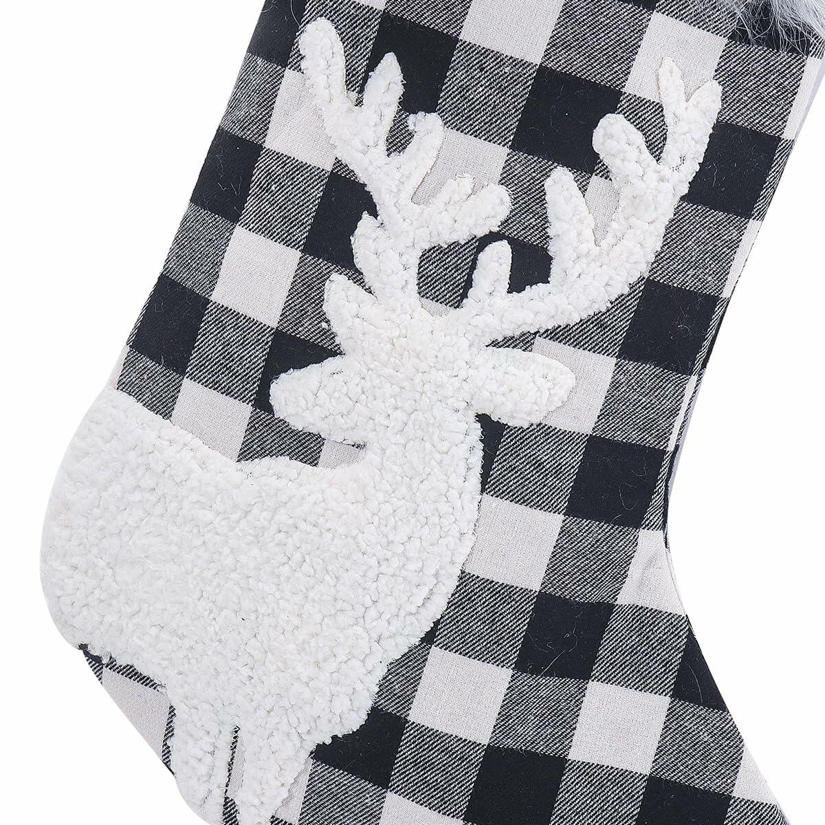 USILAND Christmas Stocking 20in Buffalo Check Pom Pom Faux Fur Black White