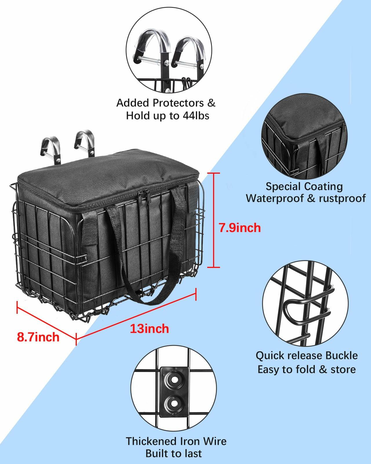 Bike Basket Front Folding Metal Quick Release Large Removable Liner Bag