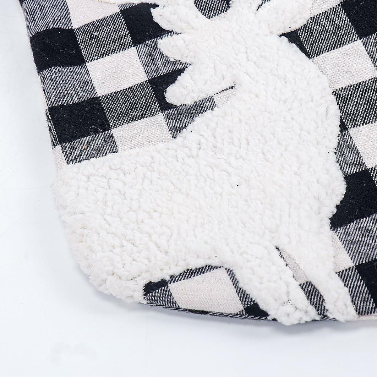 USILAND Christmas Stocking 20in Buffalo Check Pom Pom Faux Fur Black White