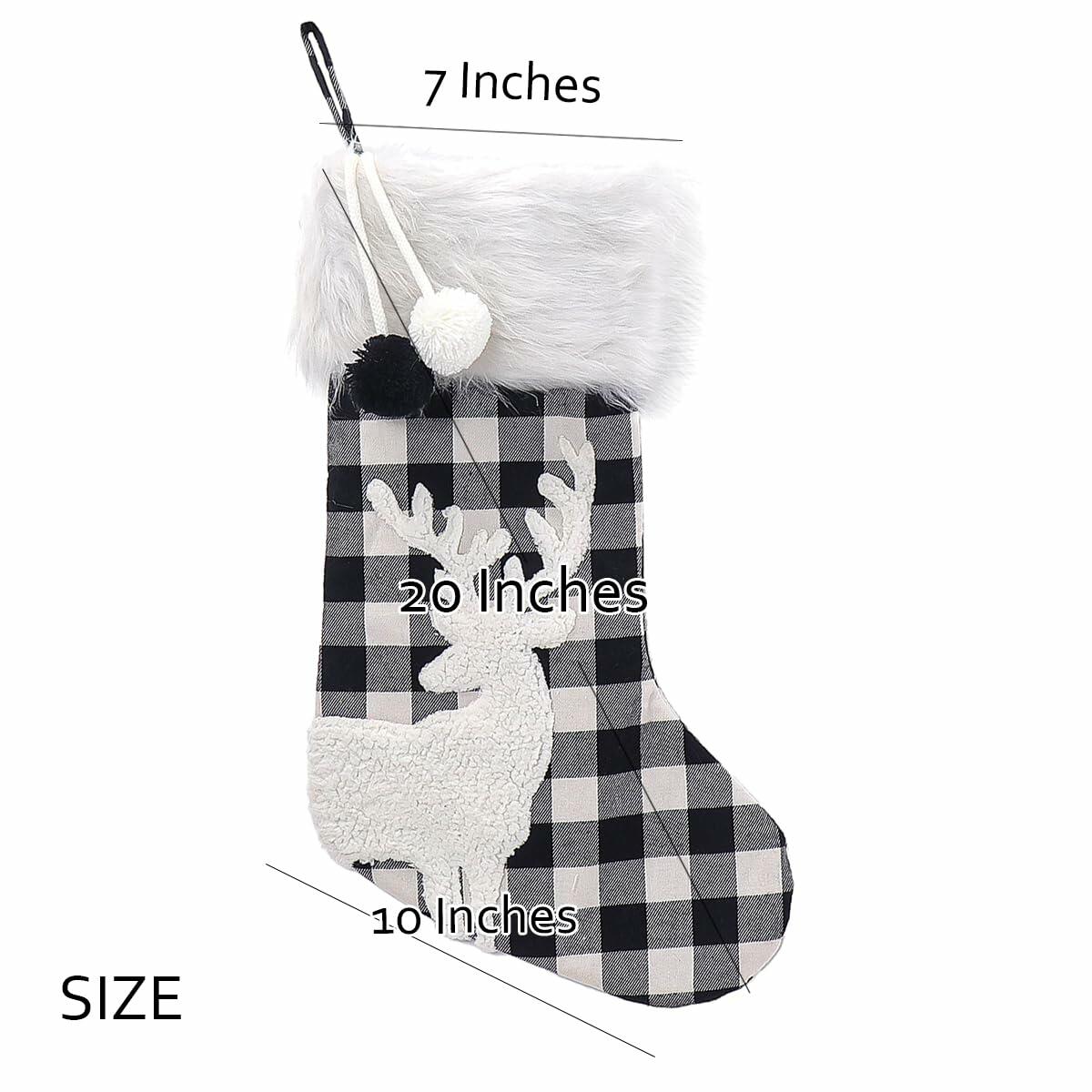 USILAND Christmas Stocking 20in Buffalo Check Pom Pom Faux Fur Black White
