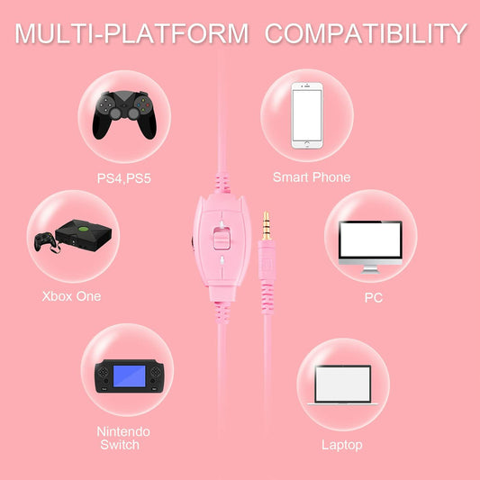 Gaming Headset Wired Mic Pink for PS5 PS4 Xbox PC Nintendo Switch