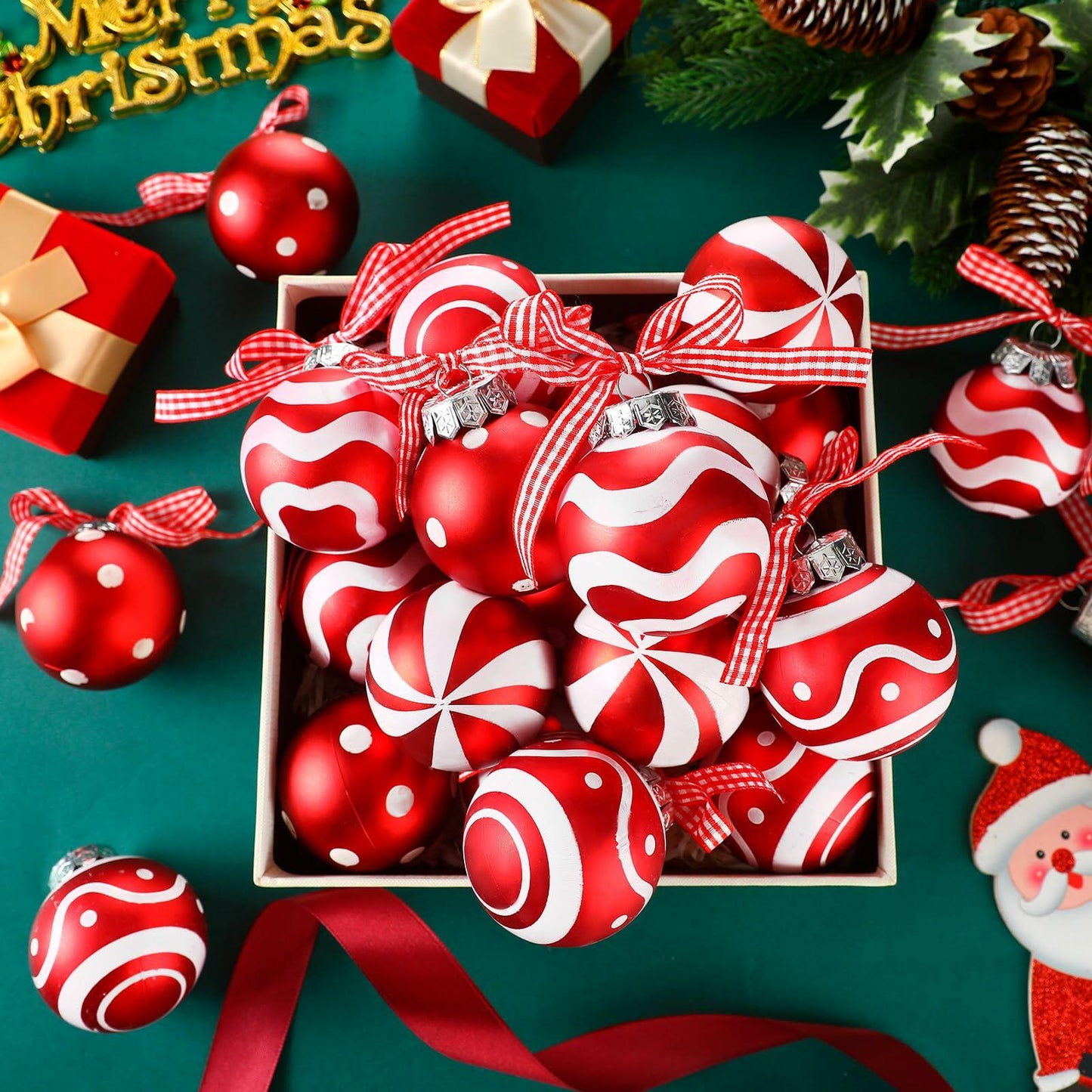 Chuangdi Christmas Ball Ornaments Striped Polka Dots 2.36'' 24 Pcs