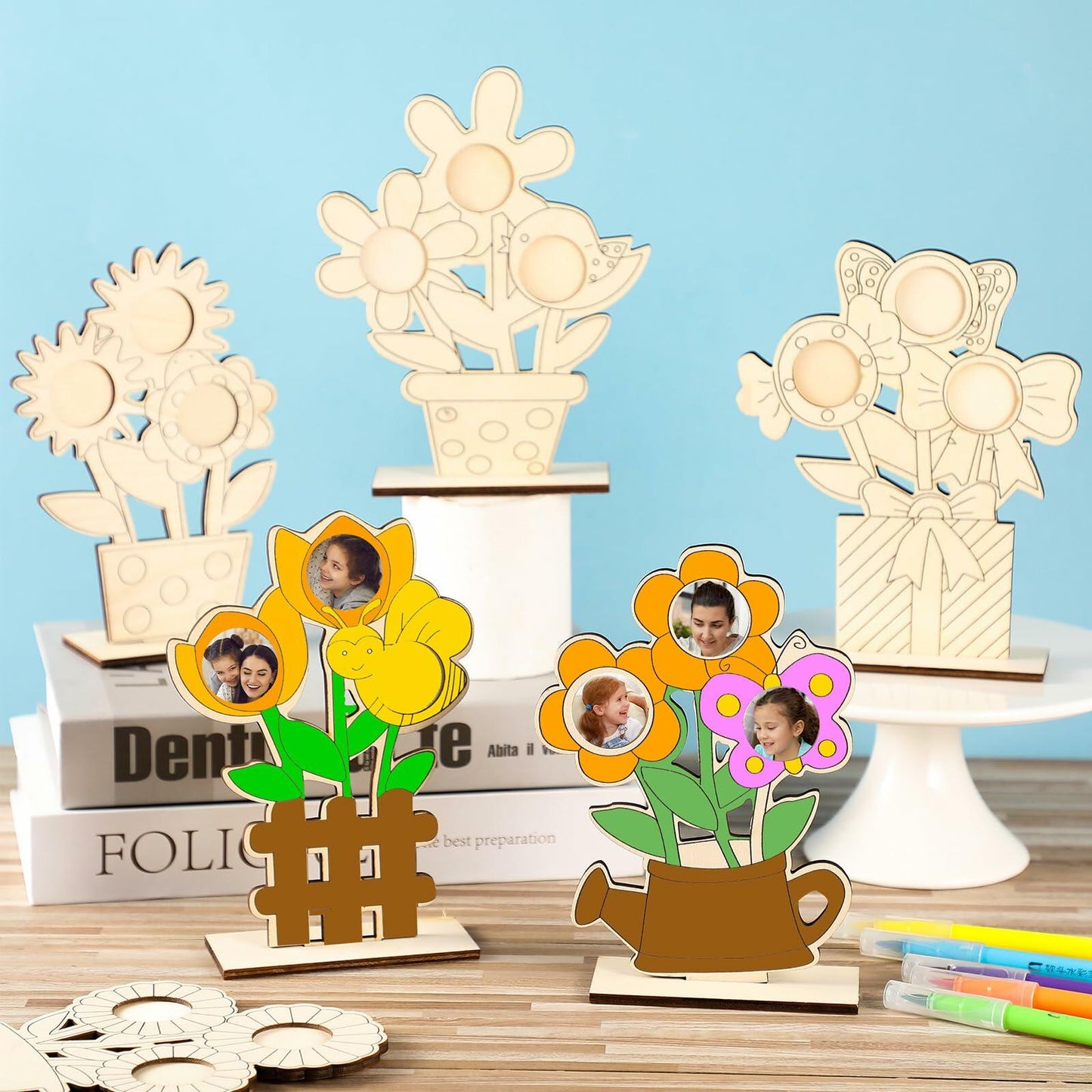 Memorywuu Mother's Day Flower Wood Picture Frame DIY Kit 6 Pcs Color Your Own