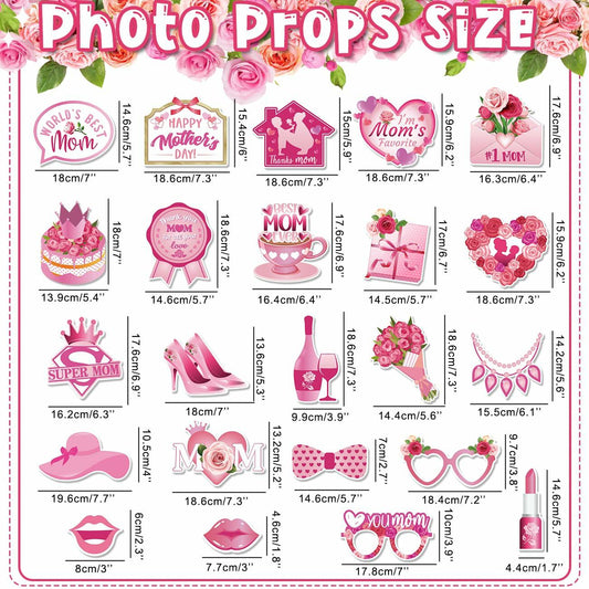 Mothers Day Decorations 23pcs Photo Booth Props Pink Frame Party Supplies