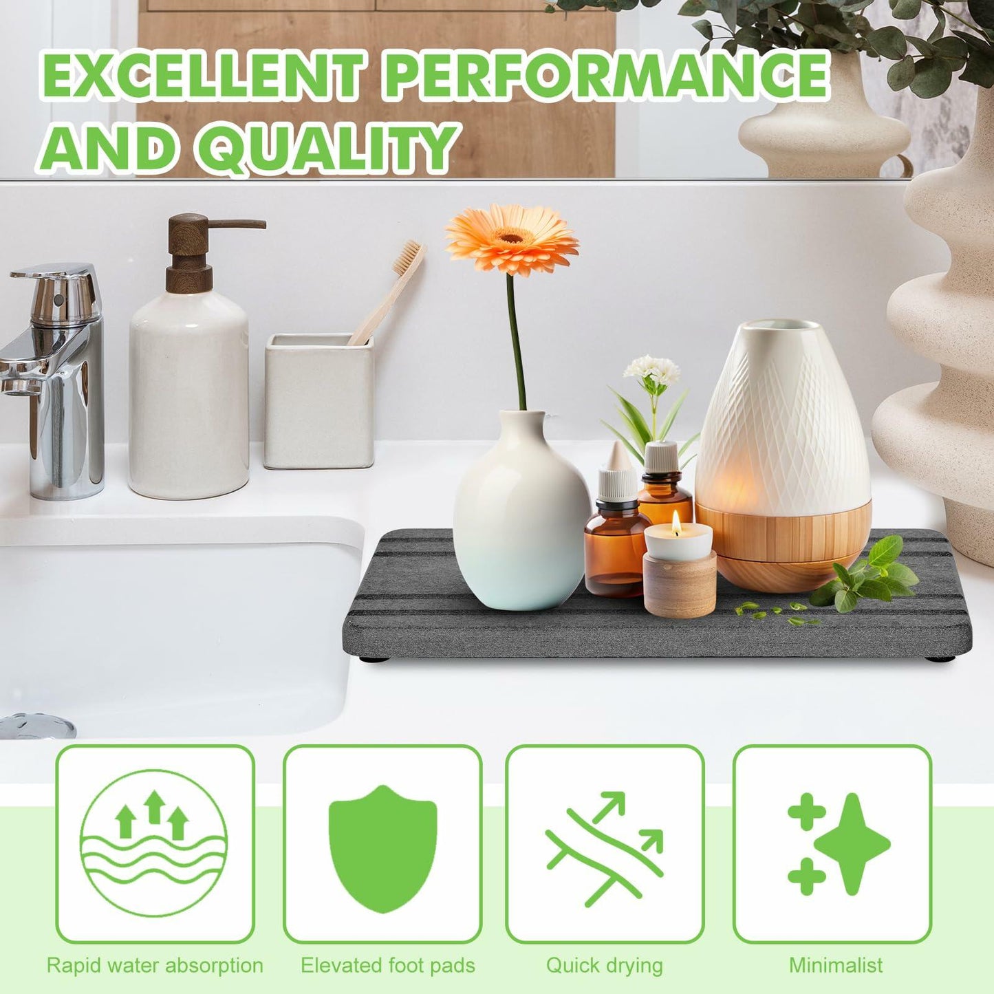 Vegoran 3PCS Grey Diatomite Stone Sink Tray 4x8in Water Absorbing Fast Dry