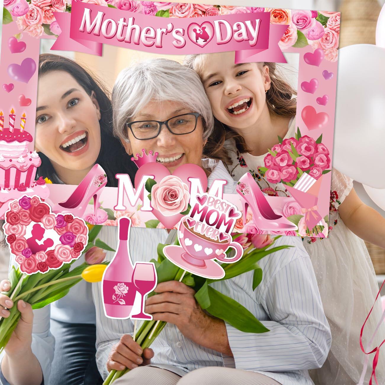 Mothers Day Decorations 23pcs Photo Booth Props Pink Frame Party Supplies