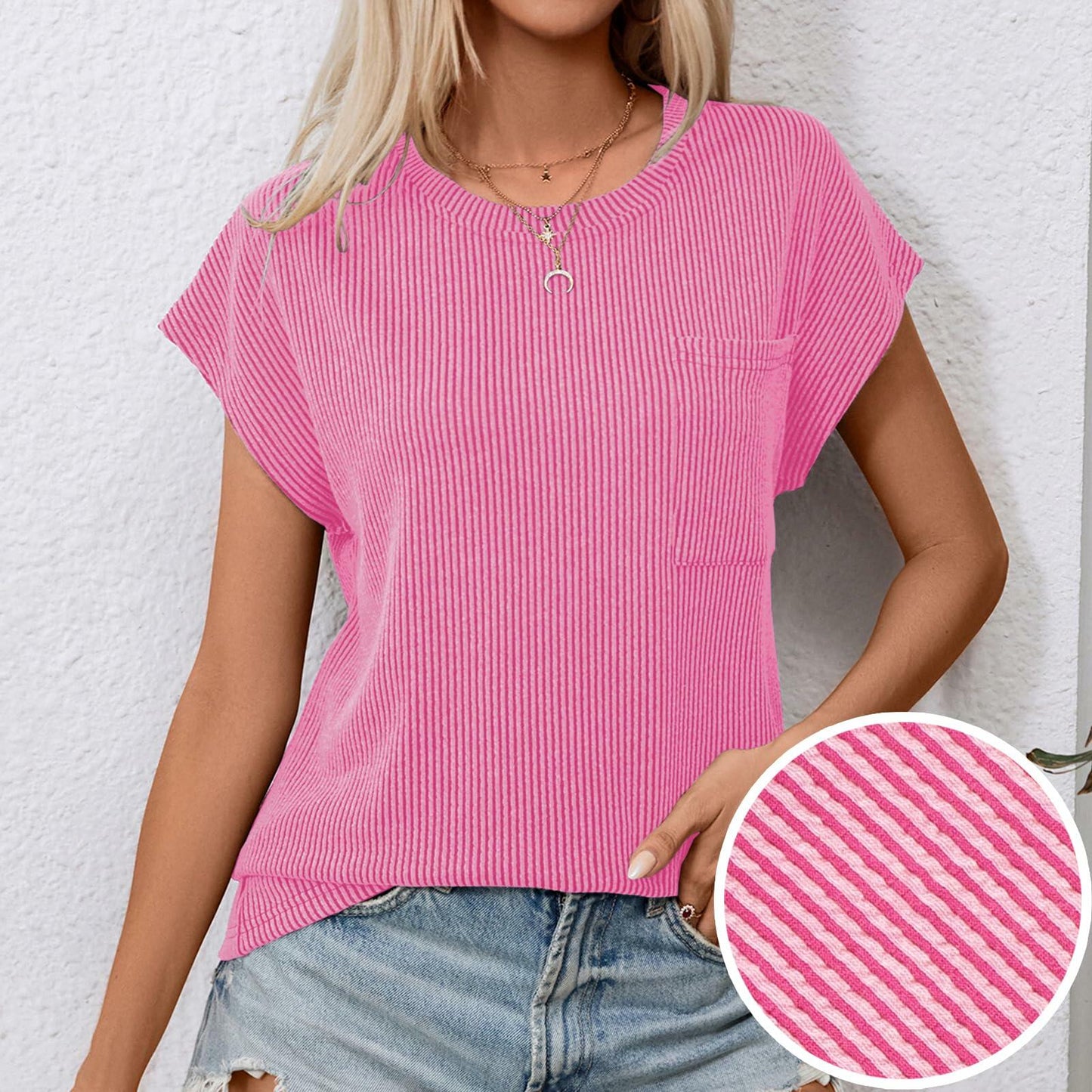 levaca Womens Ribbed Cap Sleeve Crewneck Tee Black Size L