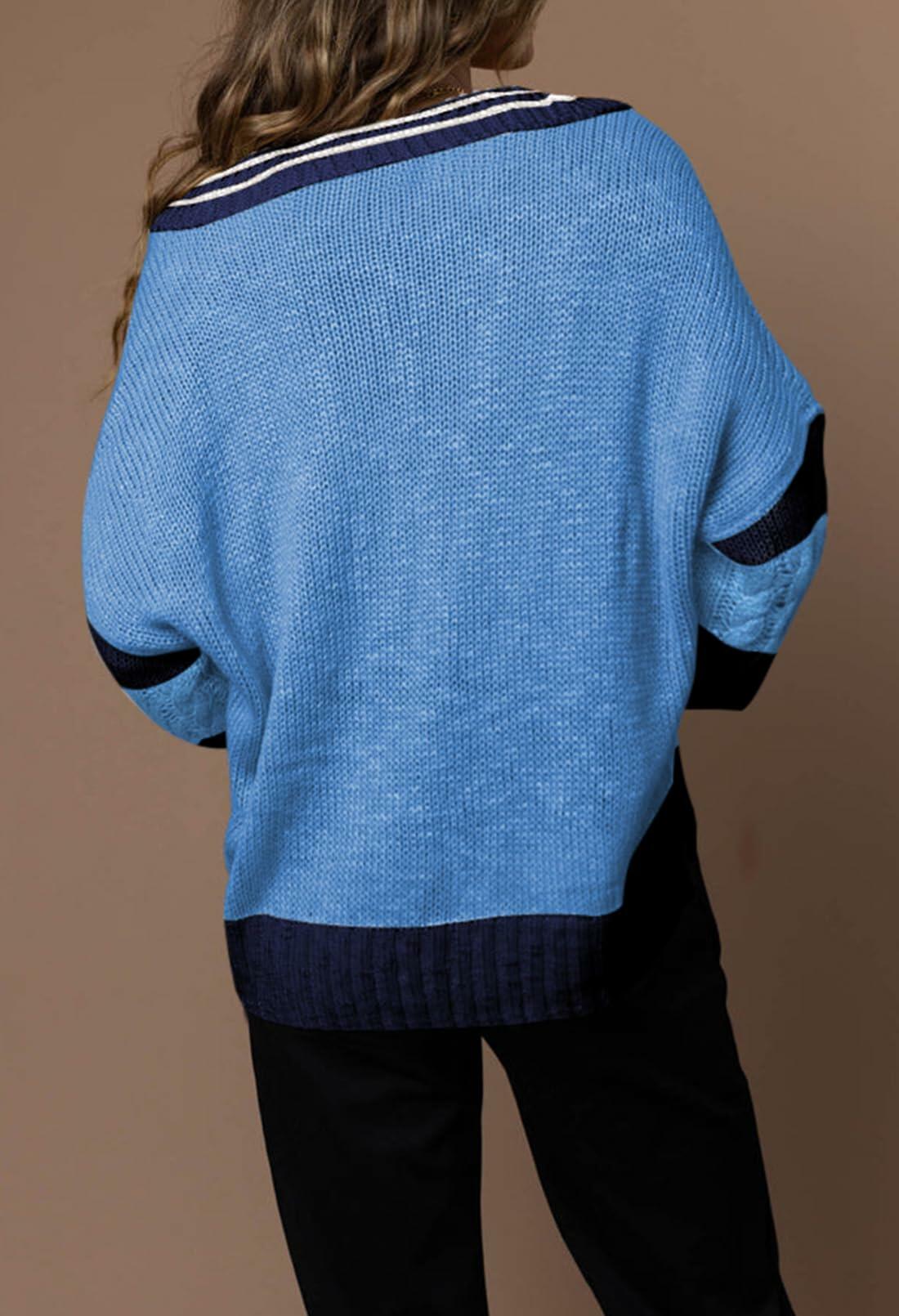 Women's Oversized Pullover Sweater V Neck Cable Knit Striped Sky Blue Size M