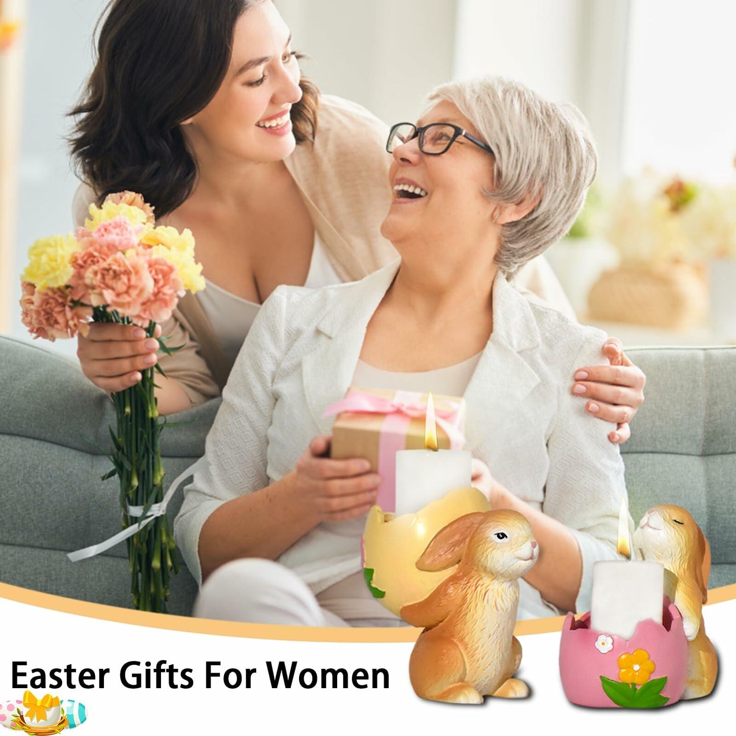 AMOYYT Easter Bunny Figurines 3.5in Resin Candle Holder Table Decor 2Pcs