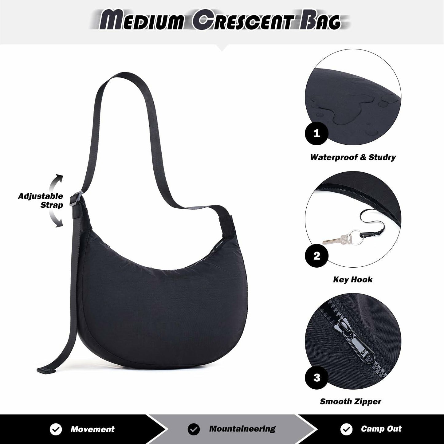 ATERITSSI Nylon Crescent Shoulder Crossbody Bag Adjustable Strap
