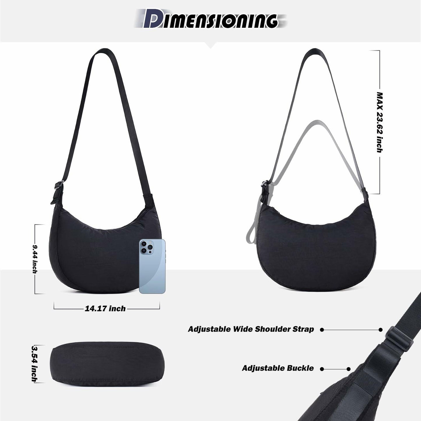 ATERITSSI Nylon Crescent Shoulder Crossbody Bag Adjustable Strap