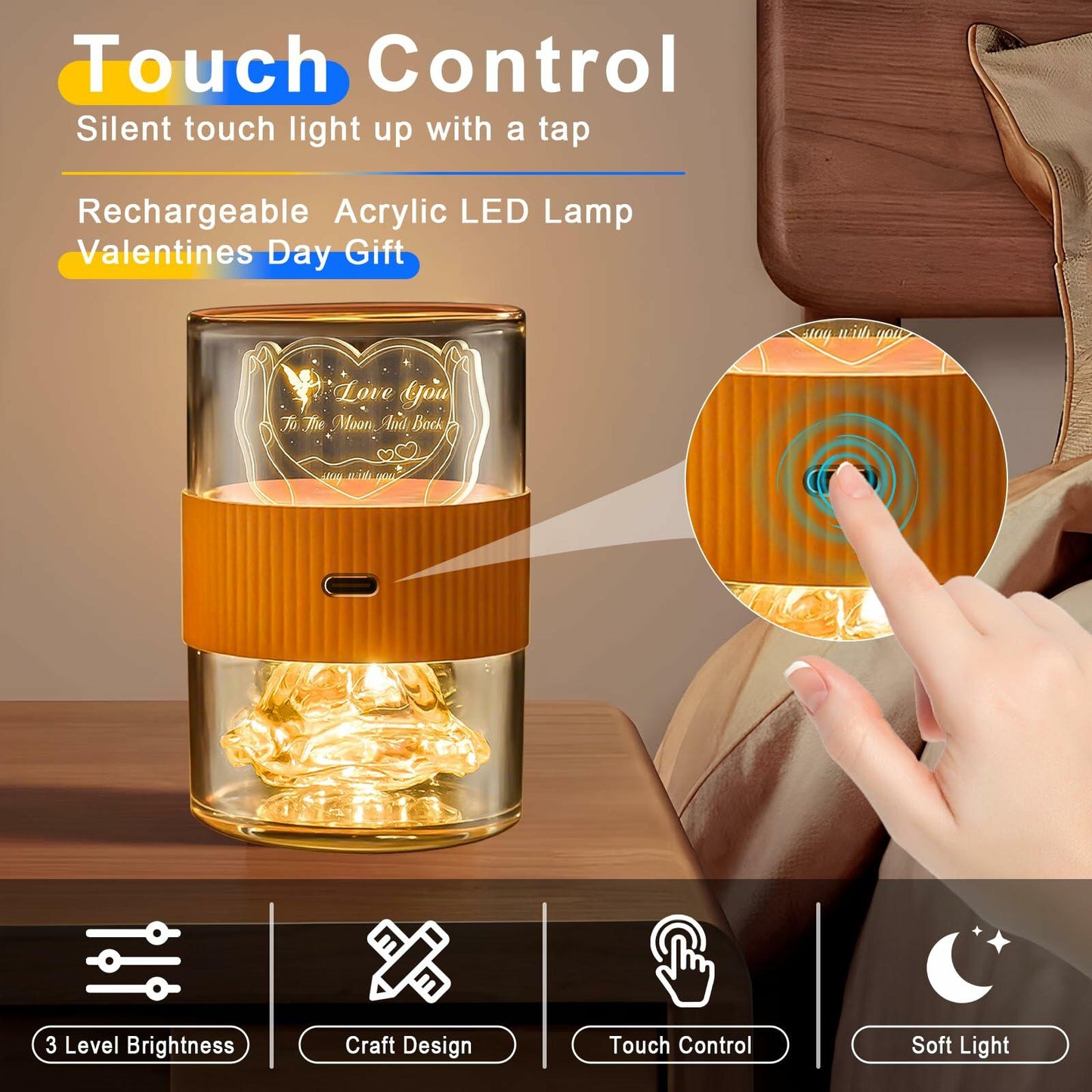 AO LI GEI Touch Bedside Table Lamp LED USB Rechargeable Warm Light