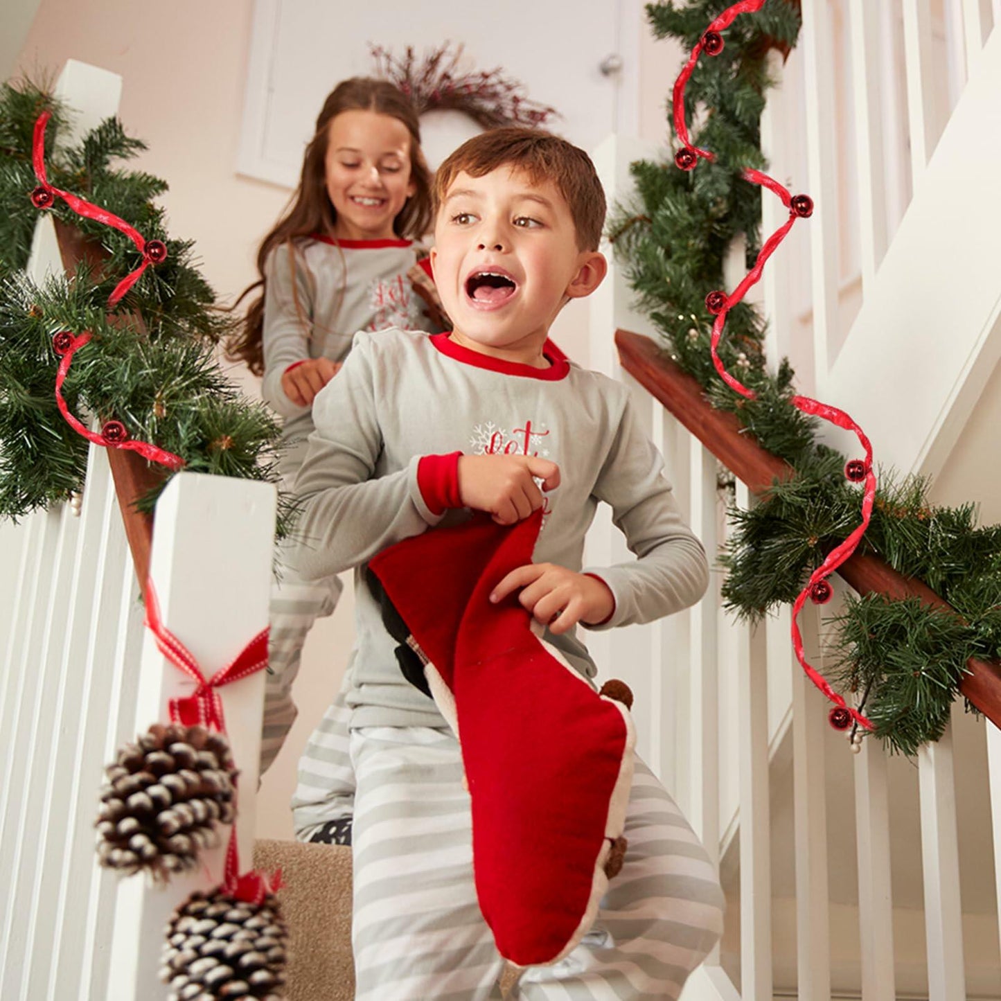 Jutom 2 Pack 6 Yards Burlap Christmas Garland with Jingle Bells Red Black