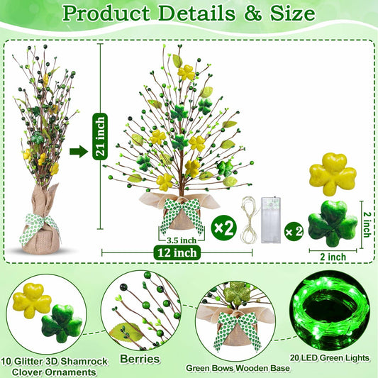 2 Pack Lighted St Patricks Day Shamrock Trees 21 Inch Battery Operated