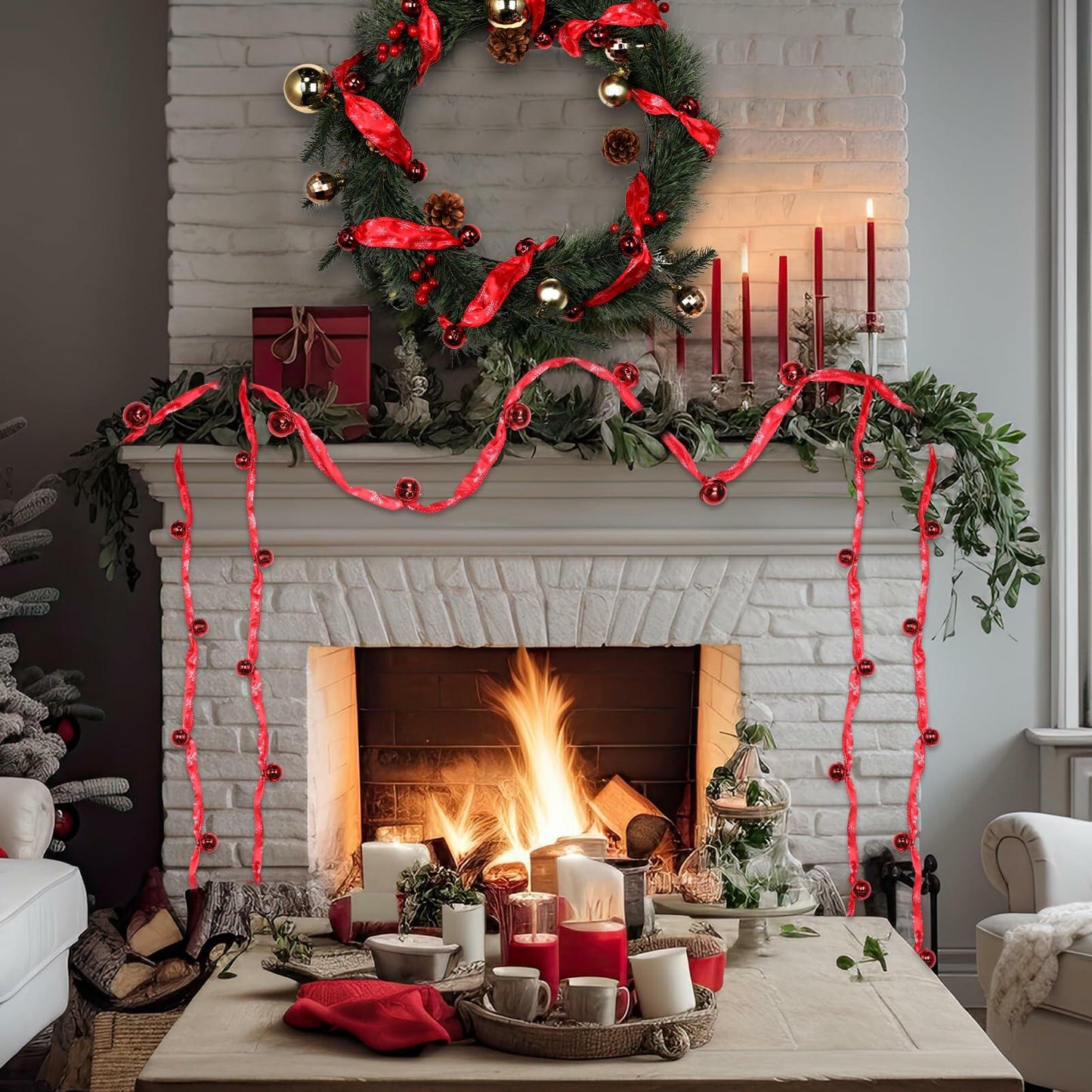 Jutom 2 Pack 6 Yards Burlap Christmas Garland with Jingle Bells Red Black
