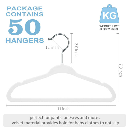 MOERKADA Kids Velvet Hangers 50 Pack 11" White Non-Slip Space Saving