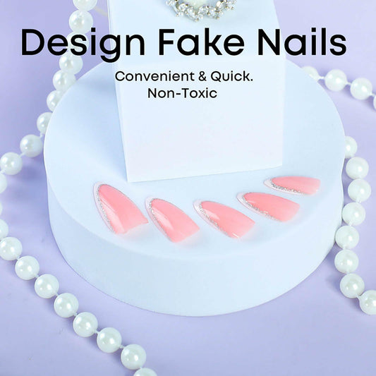 RUOKEXIN Almond Medium Pink Press On Nails Silver Glitter White Tips 24pcs