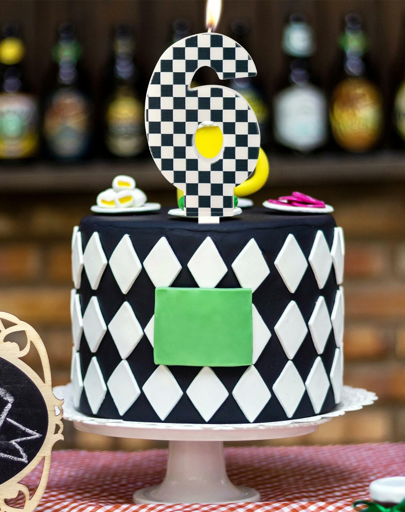 Racing Car Number 8 Birthday Candle Topper Checkered Cake Decor for Kids