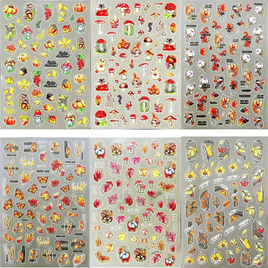 Autumn Maple Leaf 5D Nail Stickers Fall Leaves Butterfly Mushroom 6 Pcs