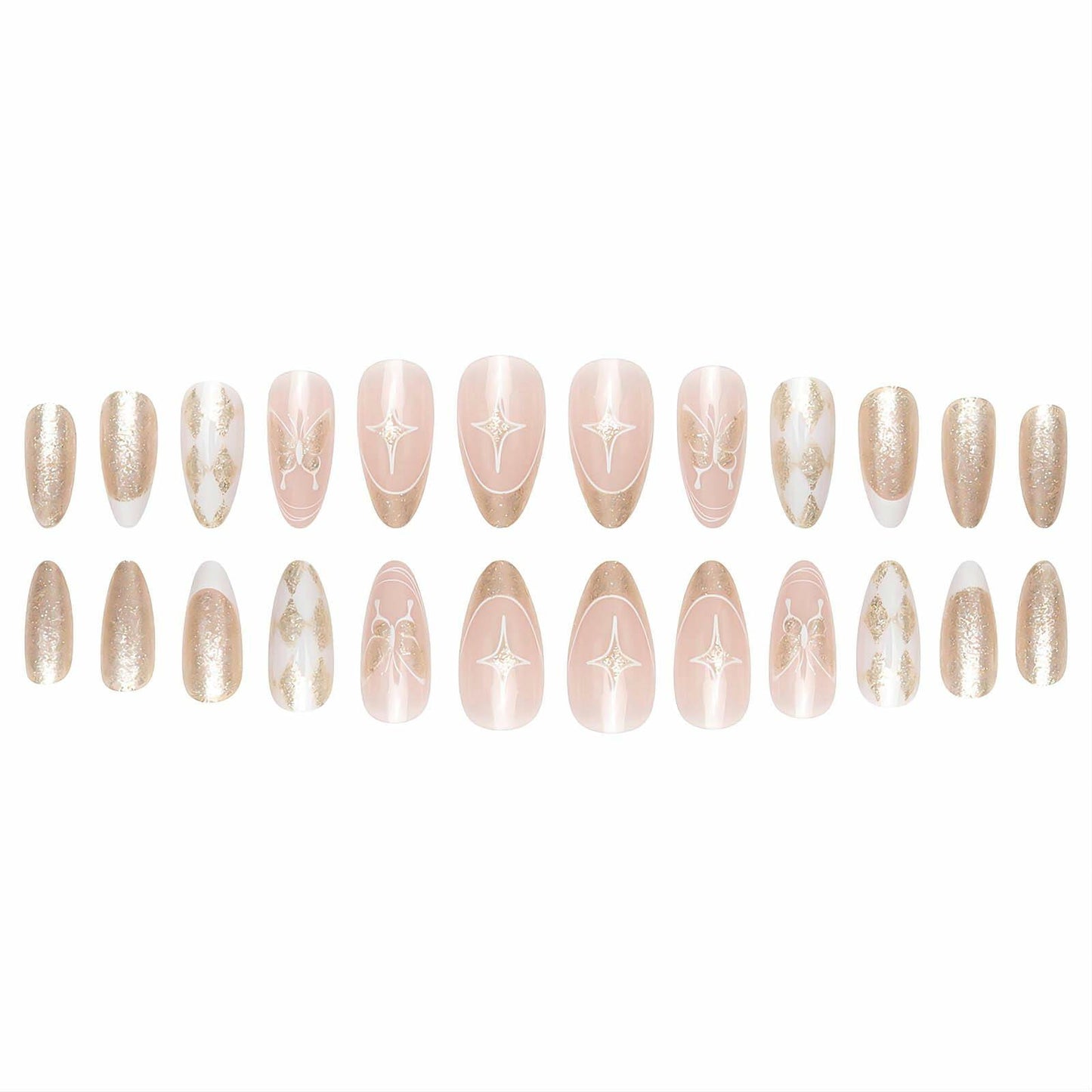 Vokupoga Press On Nails French Tip Medium Pink White Glitter 24Pcs