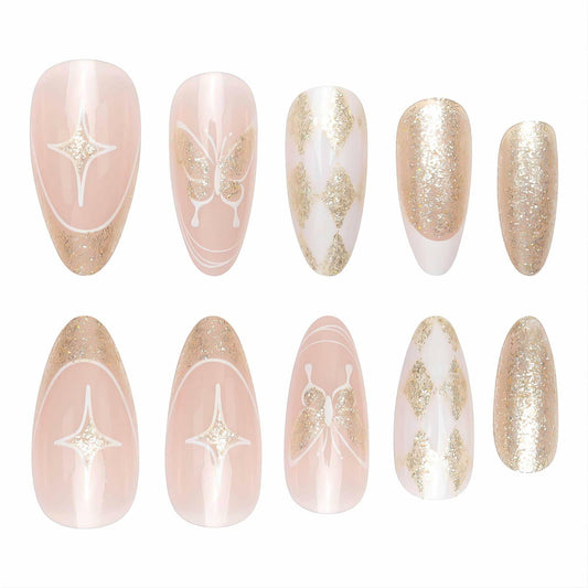 Vokupoga Press On Nails French Tip Medium Pink White Glitter 24Pcs