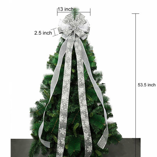 Christmas Tree Topper Bow Silver 53x13 Inch Xmas Flower Decor Indoor Outdoor