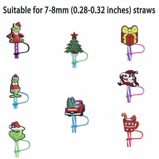 Wehnniee 8Pcs Christmas Straw Toppers 0.32in 8mm Cartoon Caps Reusable