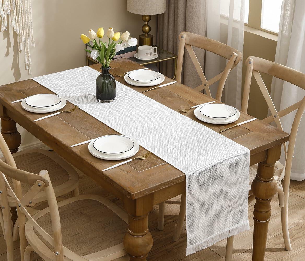 LUOYEHK Boho Table Runner With Fringe 12x108 Inch White Farmhouse Rustic