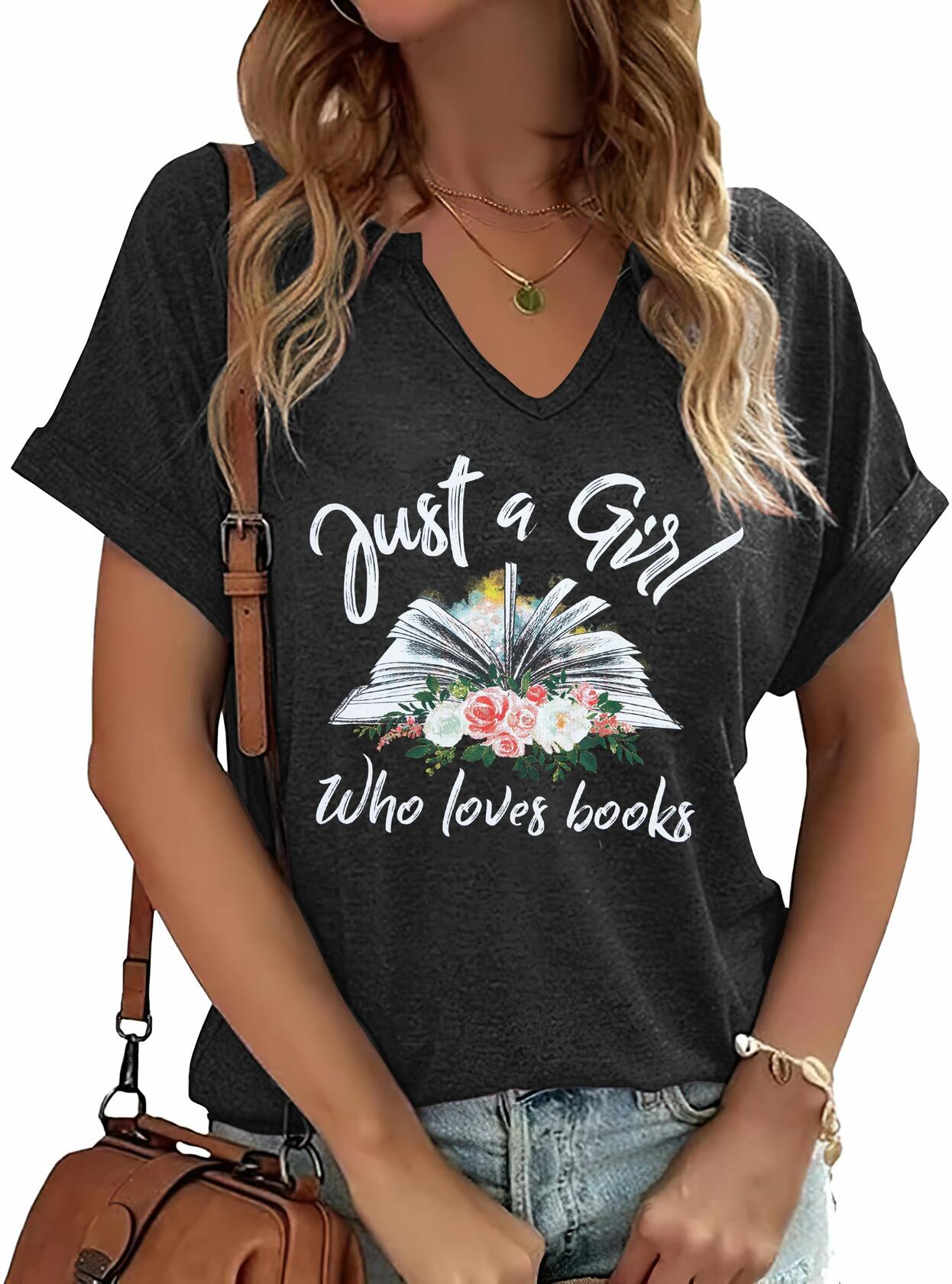 Women Book Lovers Graphic Tee V Neck Short Sleeve Dark Gray Size M