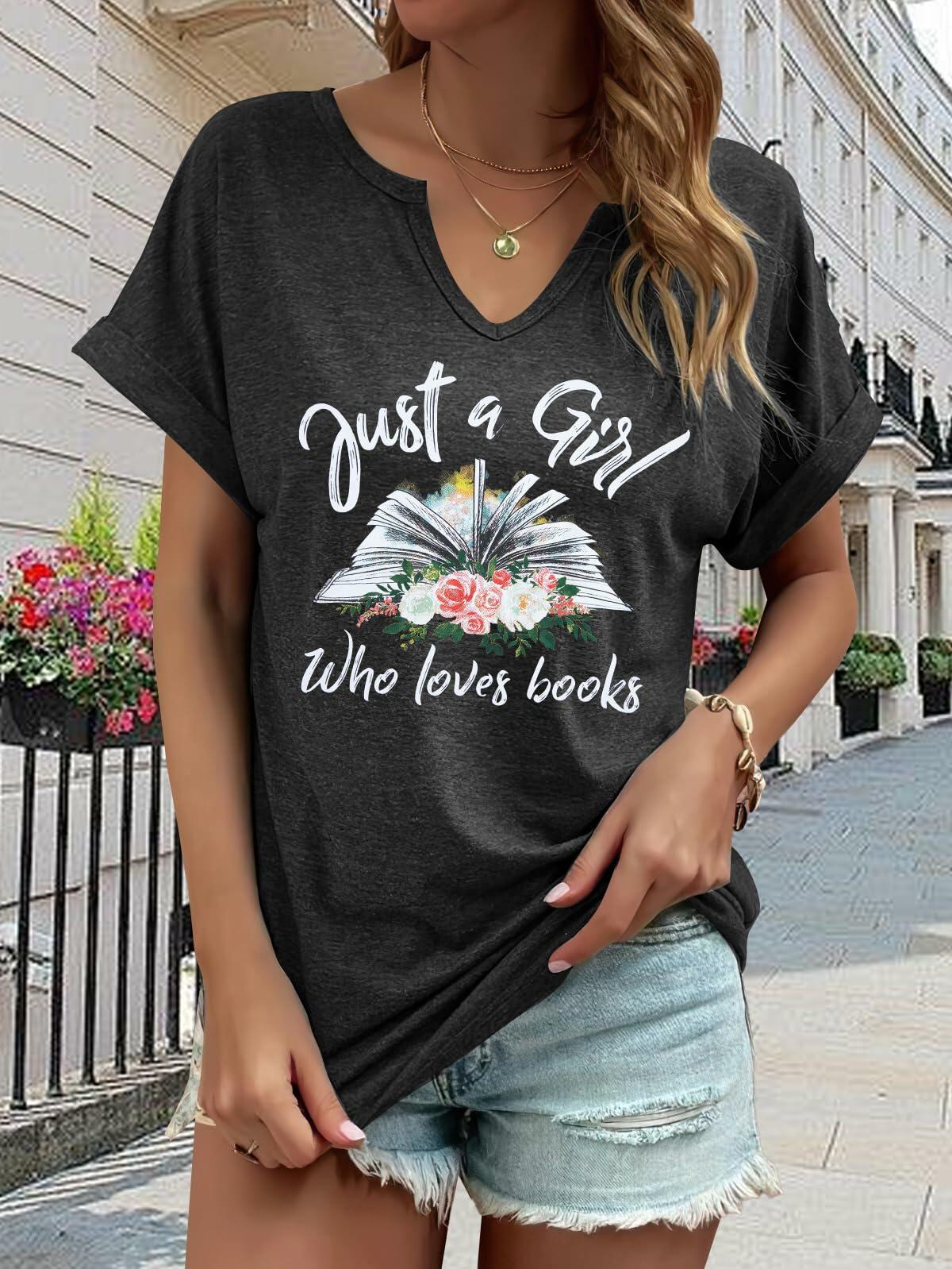 Women Book Lovers Graphic Tee V Neck Short Sleeve Dark Gray Size M