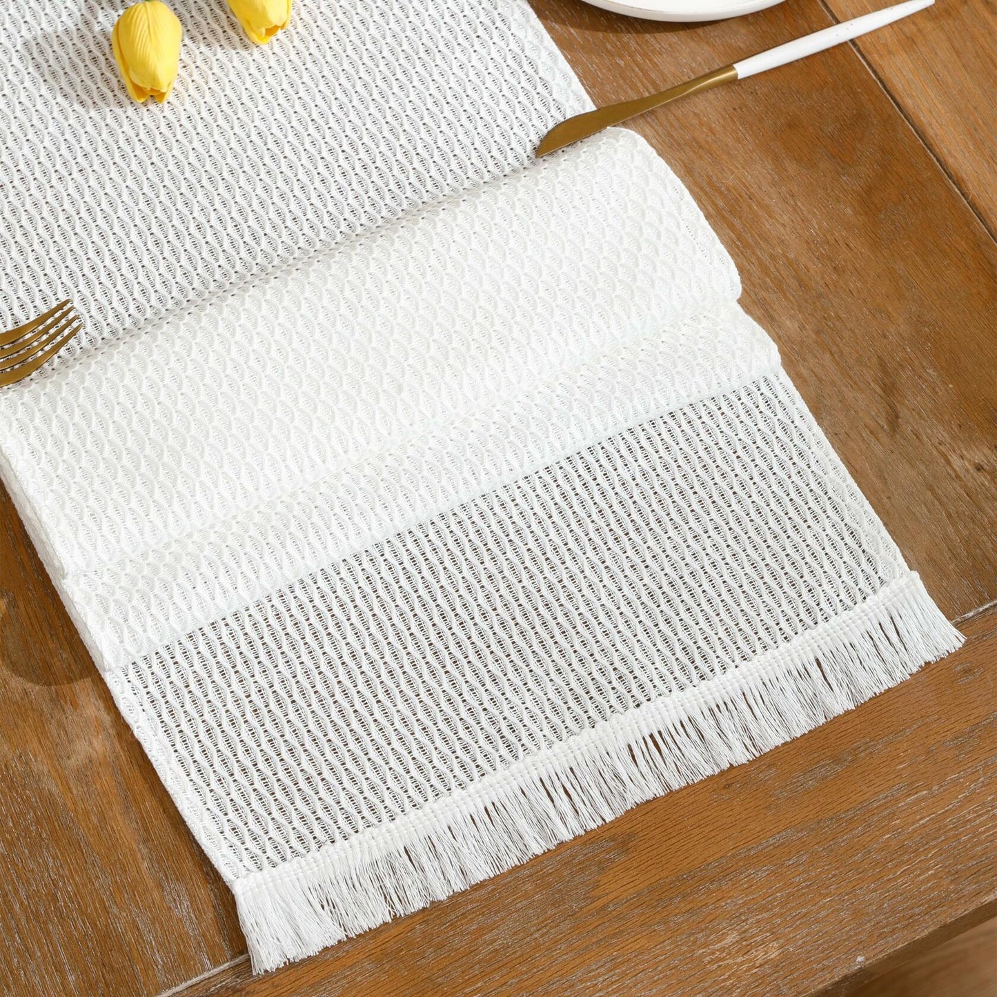 LUOYEHK Boho Table Runner With Fringe 12x108 Inch White Farmhouse Rustic