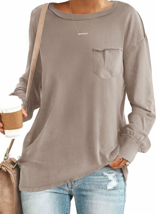 SENSERISE Womens Crewneck Sweatshirt Long Sleeve Pockets Khaki Size S
