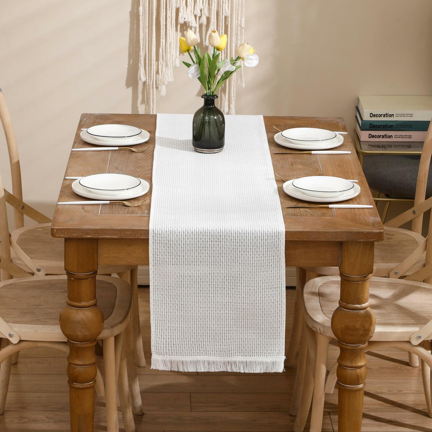LUOYEHK Boho Table Runner With Fringe 12x108 Inch White Farmhouse Rustic