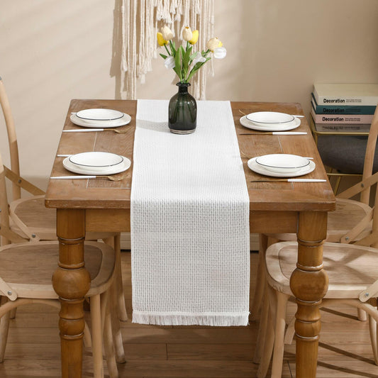 LUOYEHK Boho Table Runner With Fringe 12x108 Inch White Farmhouse Rustic