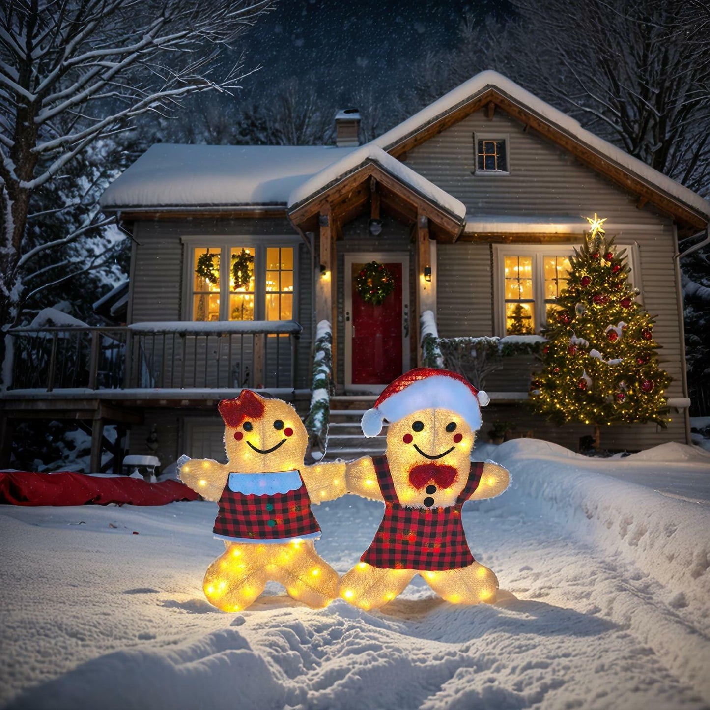 ATTBEA 2FT Pre-lit Gingerbread Man Yard Decoration Set of 2 Warm White LEDs