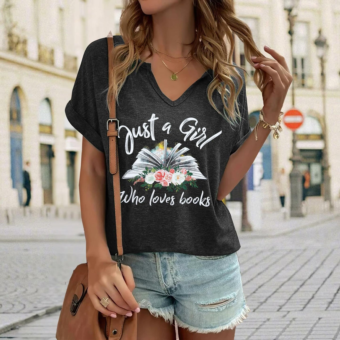 Women Book Lovers Graphic Tee V Neck Short Sleeve Dark Gray Size M